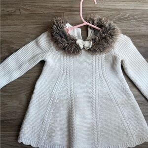 Tahari White Knit Kids Sweater with Faux Fur Collar